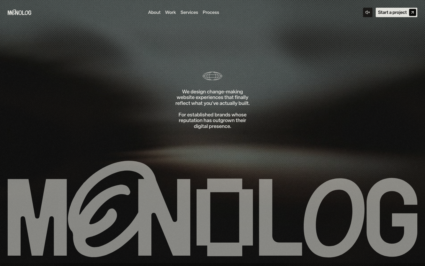 High-contrast monochrome layout featuring a grainy gradient background and oversized, cropped display typography that bleeds off the edges. · dark agency hero, oversized typography, monochrome studio, brutalist editorial, grainy gradient background
