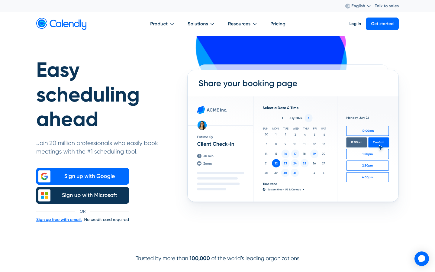 Calendly - The page uses a clean, spacious layout with a prominent hero section and a focused booking interface. The color palette is predominantly cool blues and white, creating a sense of calm efficiency. Typography is clear and functional, prioritizing readability.  ·  scheduling interface, calendar app, meeting scheduler, productivity tool, saas design, clean ui, cool color palette, minimalist booking