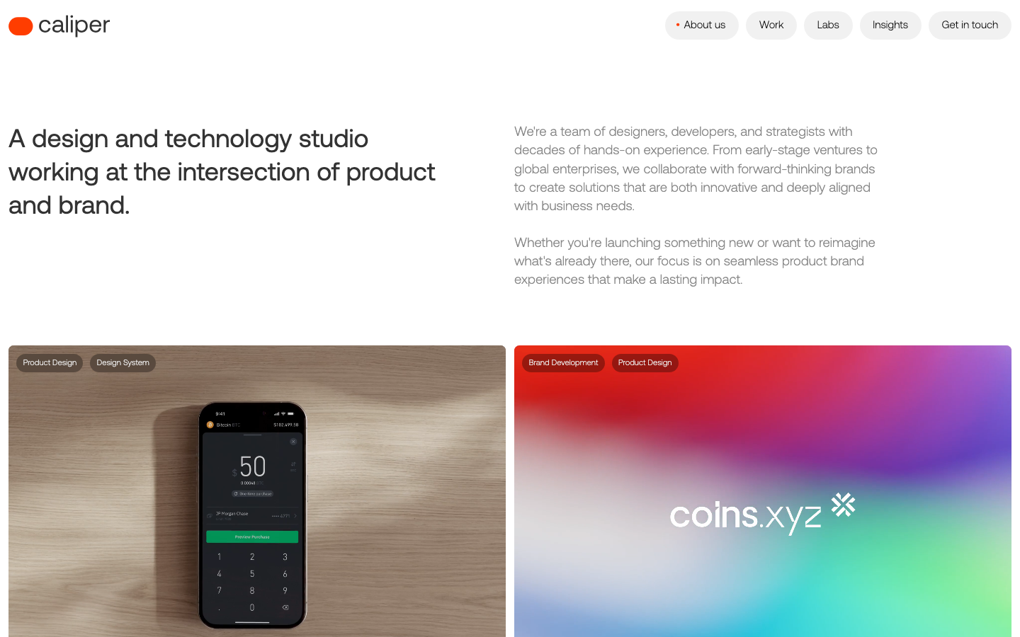 Clean, asymmetric layout utilizing a strong typographic hierarchy and a split-screen approach to balance conceptual text with high-fidelity project imagery. · design studio homepage, minimalist agency layout, swiss typography, editorial grid, split screen portfolio