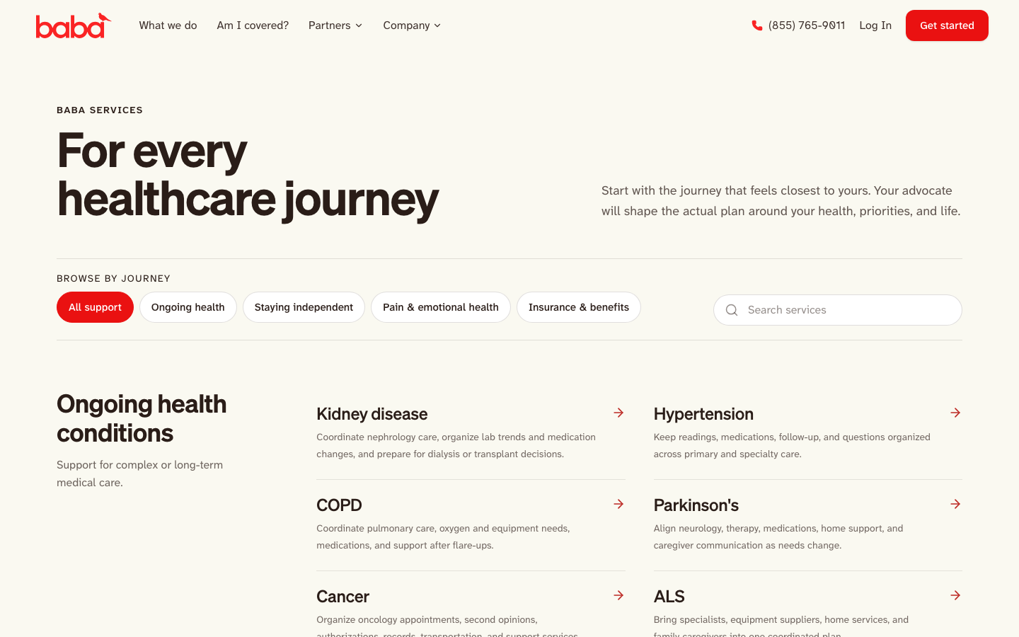 Clean, high-contrast layout utilizing a bold sans-serif headline and a pill-shaped filter system. The content is organized into a clear, multi-column directory of health services with ample white space. · healthcare directory, service index layout, pill filter navigation, clean medical ui, editorial health page, minimalist service grid
