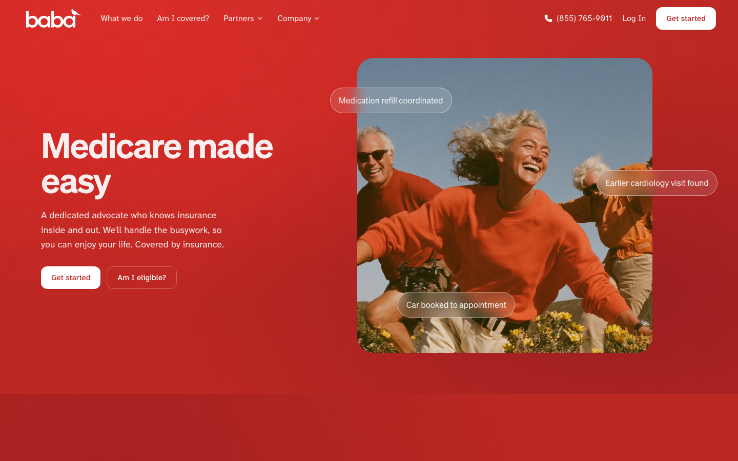 A high-energy hero section utilizing a saturated red background and a large, rounded-corner image. Floating pill-shaped labels overlay the photography to simulate real-time service updates. · health tech hero, saturated red website, rounded image hero, floating labels ui, accessible healthcare design