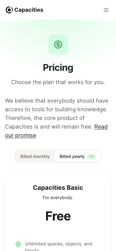 Capacities — Pricing - mobile