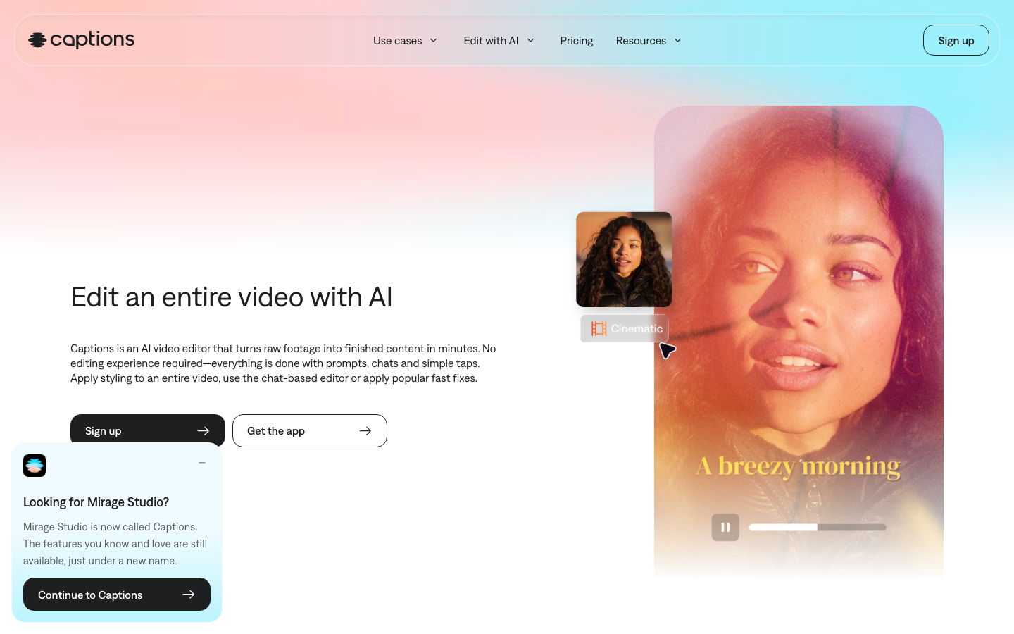 The page uses a clean, airy layout with a large, central input area. The color palette is soft pastels, creating a sense of calm and approachability. Typography is clean and modern, emphasizing clarity and ease of use. · ai video editor, video captioning, automatic captions, video tools, captions ai, video transcription, ai editing, minimal ai, clean ai