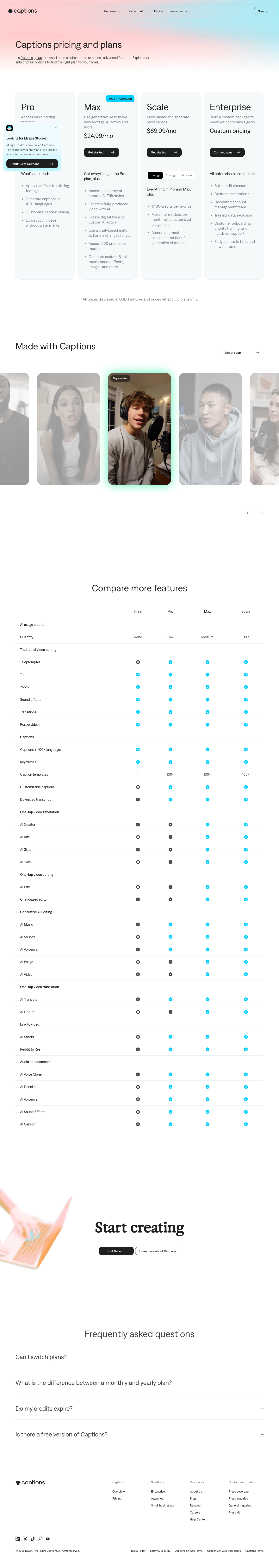 Captions — Pricing - full page scroll