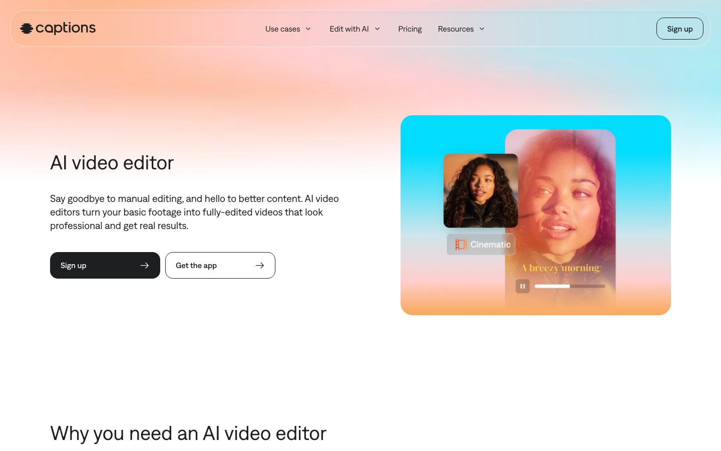 The page uses a clean, airy layout with a large, central input area. The color palette is soft pastels, creating a sense of calm and approachability. Typography is clean and modern, emphasizing clarity and ease of use. · ai video editor, video captioning, automatic captions, video tools, captions ai, video transcription, ai editing, minimal ai, clean ai