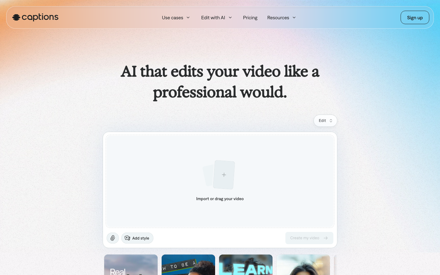 Captions - The page uses a clean, airy layout with a large, central input area. The color palette is soft pastels, creating a sense of calm and approachability. Typography is clean and modern, emphasizing clarity and ease of use.  ·  ai video editor, video captioning, automatic captions, video tools, captions ai, video transcription, ai editing, minimal ai, clean ai