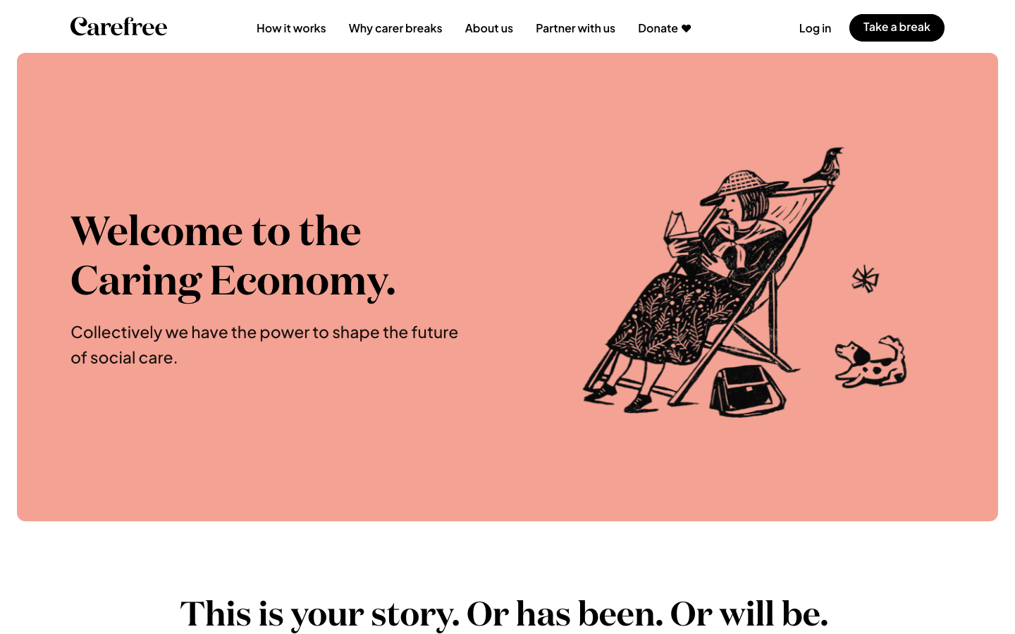 A soft, warm aesthetic utilizing a muted salmon background and hand-drawn ink illustrations. The typography pairs a bold, high-contrast serif for headings with a clean sans-serif for navigation.  ·  non-profit hero, editorial serif typography, hand-drawn illustration web, muted pastel palette, warm healthcare design