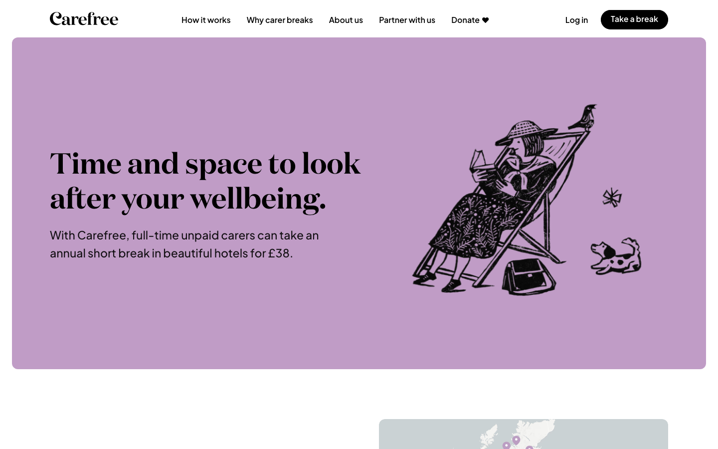 A soft, lavender-toned hero section featuring a high-contrast serif typeface and a whimsical, hand-drawn ink illustration. The layout prioritizes breathing room and a gentle, welcoming mood. · non-profit hero, pastel purple website, editorial serif typography, hand-drawn illustration web, calm healthcare landing page