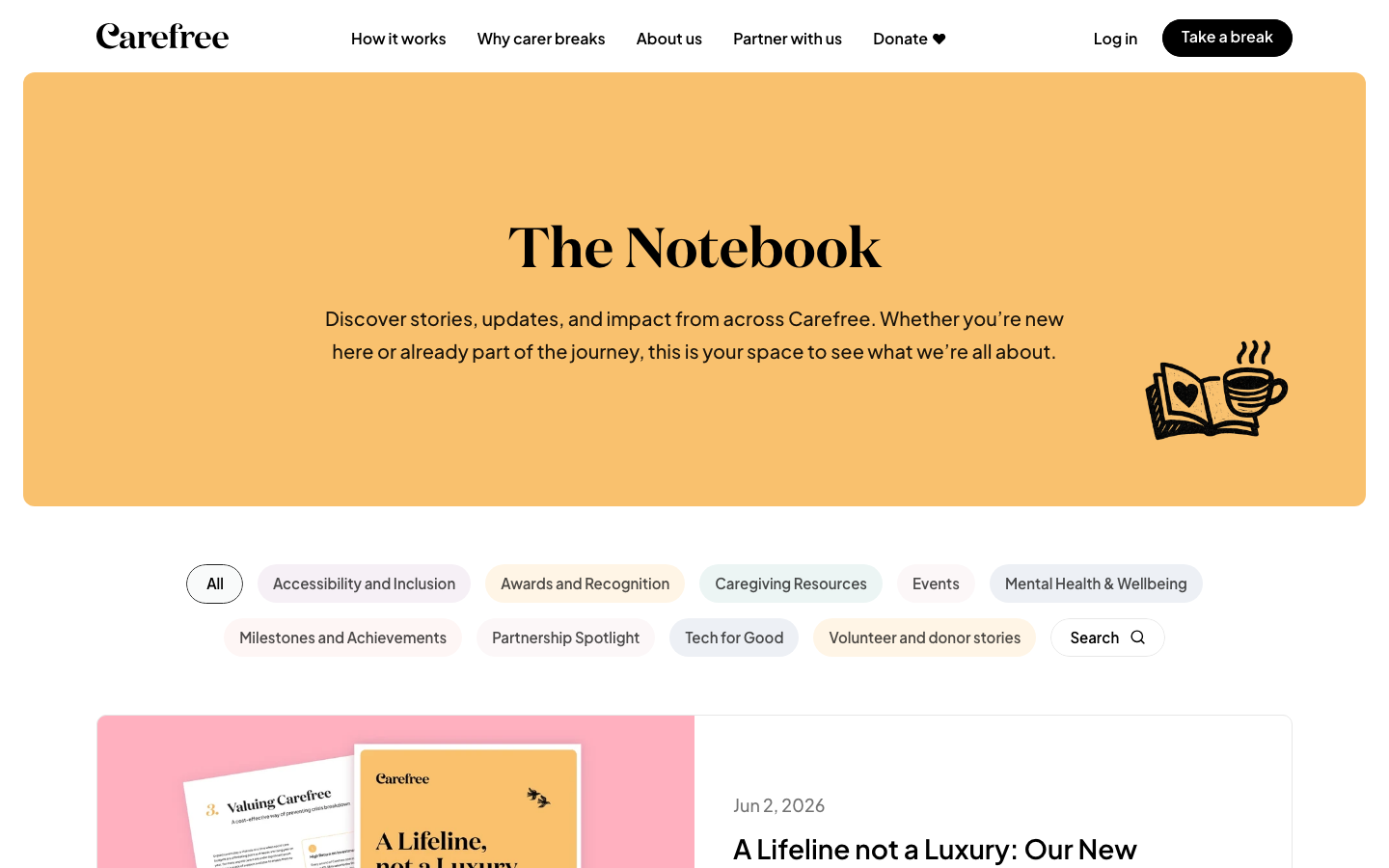 A soft, warm aesthetic utilizing a large ochre hero section with centered serif typography. The layout transitions into a clean, pill-shaped category filter system above a blog feed. · non-profit blog, warm color palette, serif hero section, pill category filters, editorial layout, soft minimalism