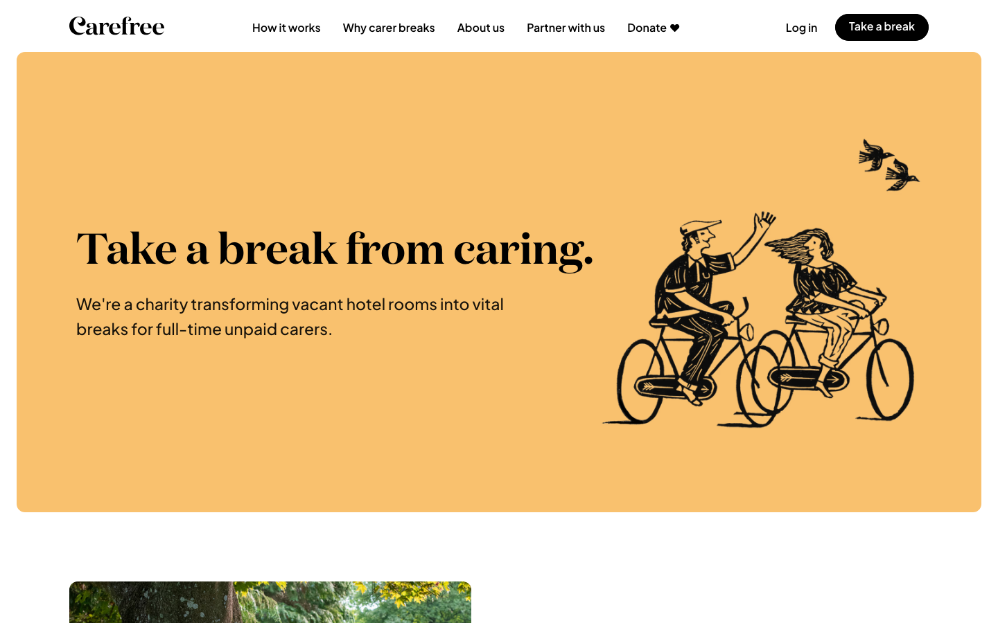 Carefree - A warm, ochre-toned hero section featuring a bold serif headline and whimsical line-art illustrations of people on bicycles. The layout balances high-contrast typography with a soft, welcoming color palette.  ·  non-profit hero, warm color palette, editorial serif typography, line art illustration, charity landing page