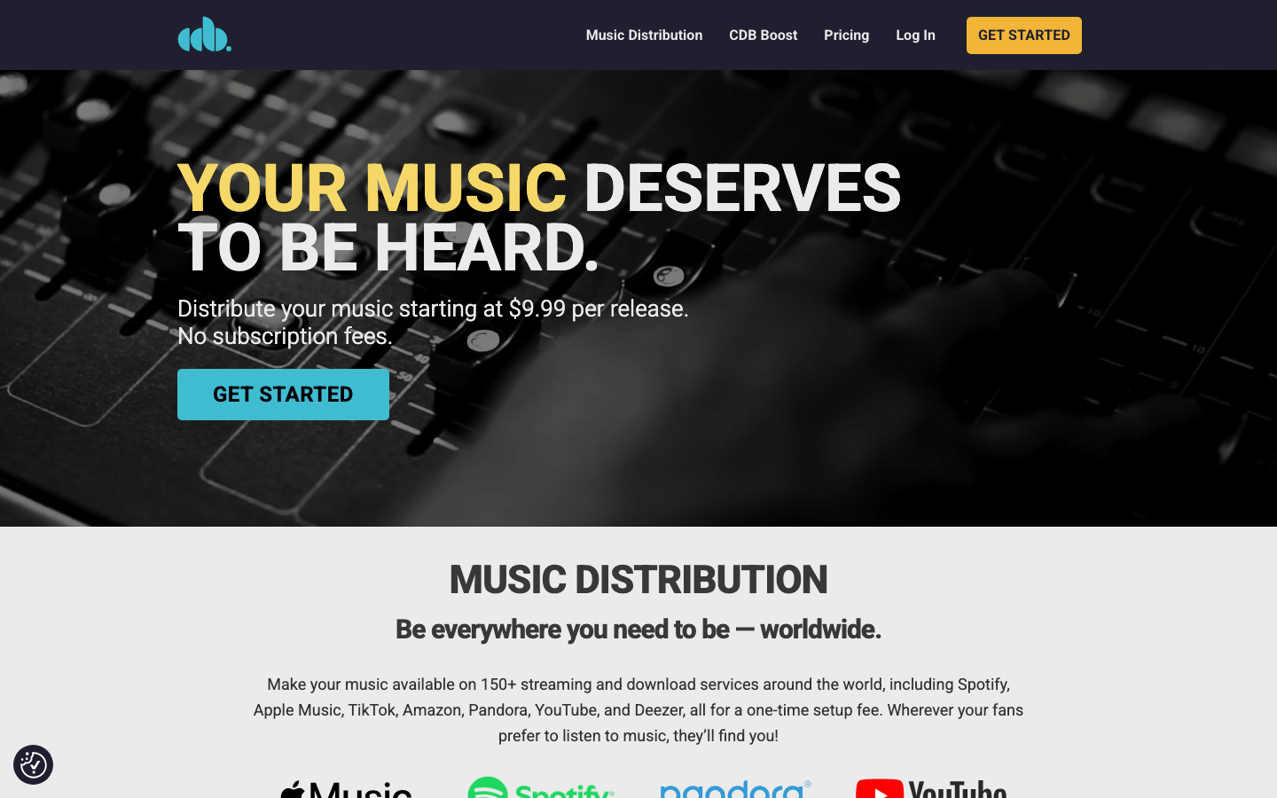 Music Distribution for Independent Artists | CD Baby - Distribute your music to Spotify, Apple Music, and 150+ platforms for only $9.99 per release. CD Baby distribution is trusted by indie artists worldwide.  ·  minimalism, swiss, monochrome, developer-tools, creator, media, hero-fullbleed, logo-cloud, hero-with-cta, sticky-nav