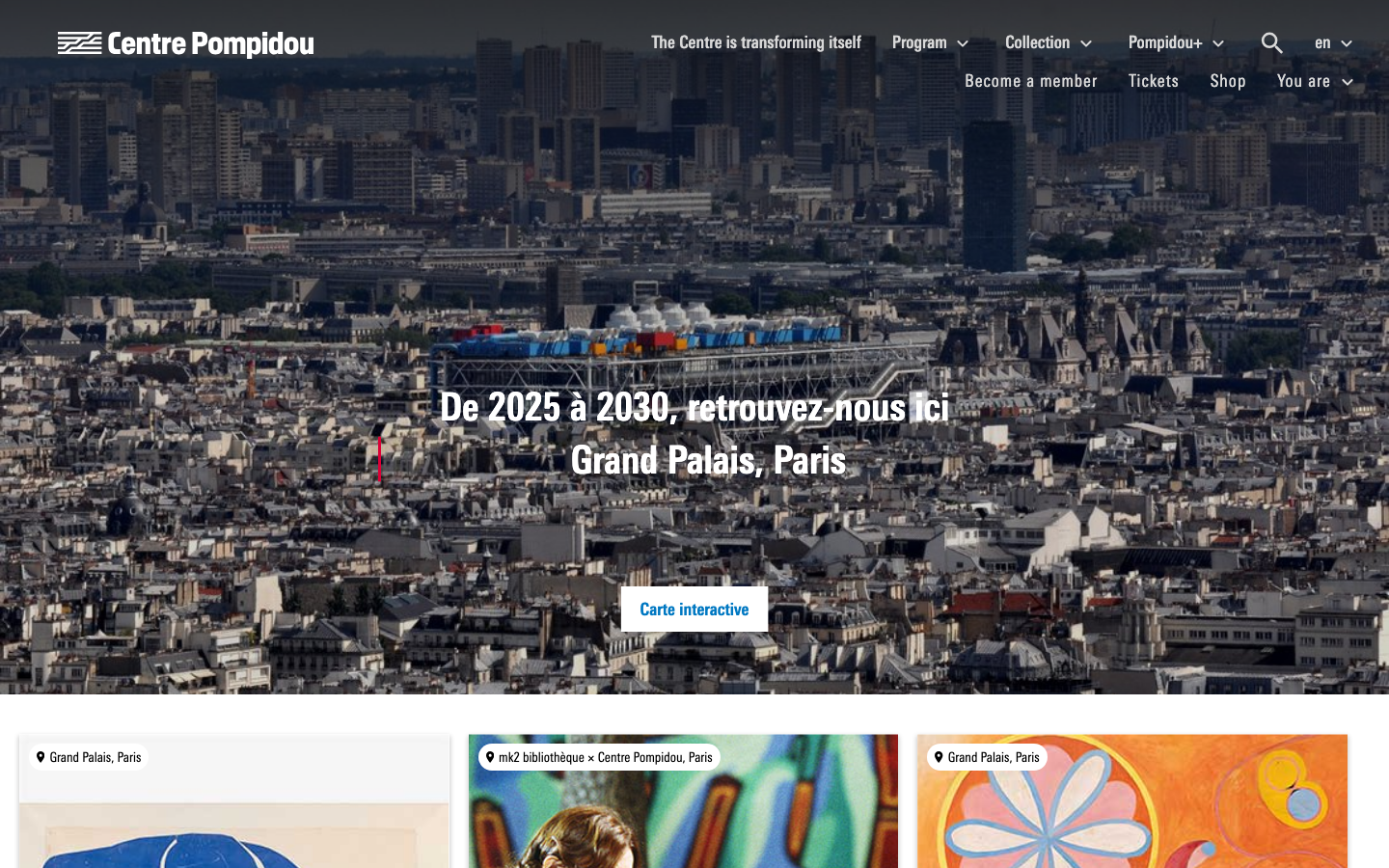 The page uses a full-bleed image to establish a sense of place, overlaid with a concise headline. The layout is structured with distinct sections, employing ample white space and a restrained color palette to highlight the visual content. · cultural institution, paris architecture, modernist building, art museum, cityscape, france, public space