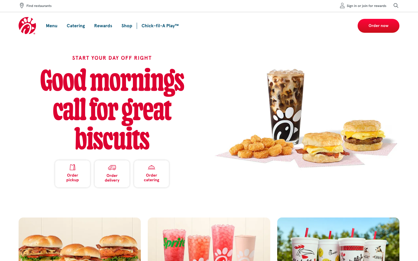 Chickfila - The page uses a clean, bright aesthetic with bold, friendly typography and vibrant imagery. The layout is organized into distinct, visually separated sections, creating a welcoming and approachable feel. It feels like a curated collection of offerings.  ·  fast food, restaurant homepage, food branding, breakfast menu, chicken restaurant, family dining, bright design, food photography, order online