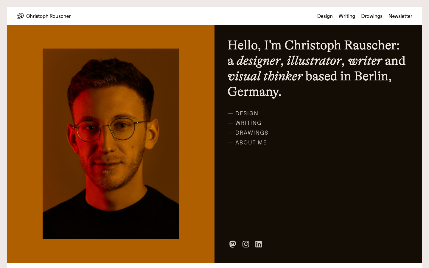 A high-contrast diptych layout pairing a warm ochre portrait section with a deep charcoal typographic block. The use of a refined serif for the introduction creates a sophisticated, editorial feel.  ·  split screen portfolio, editorial designer hero, high contrast layout, serif typography hero, minimalist creator site