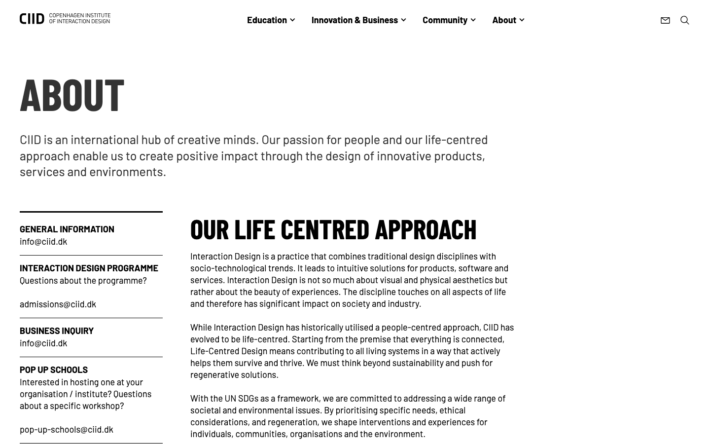 The page uses a split-studio layout with a strong visual focus on the hero image of people working collaboratively. The typography is clean and modern, with ample white space contributing to a sense of openness and professionalism. · design school hero, collaborative workspace, interaction design, education website, minimalist design, workshop space, ciid website, learning environment, studio space, creative education
