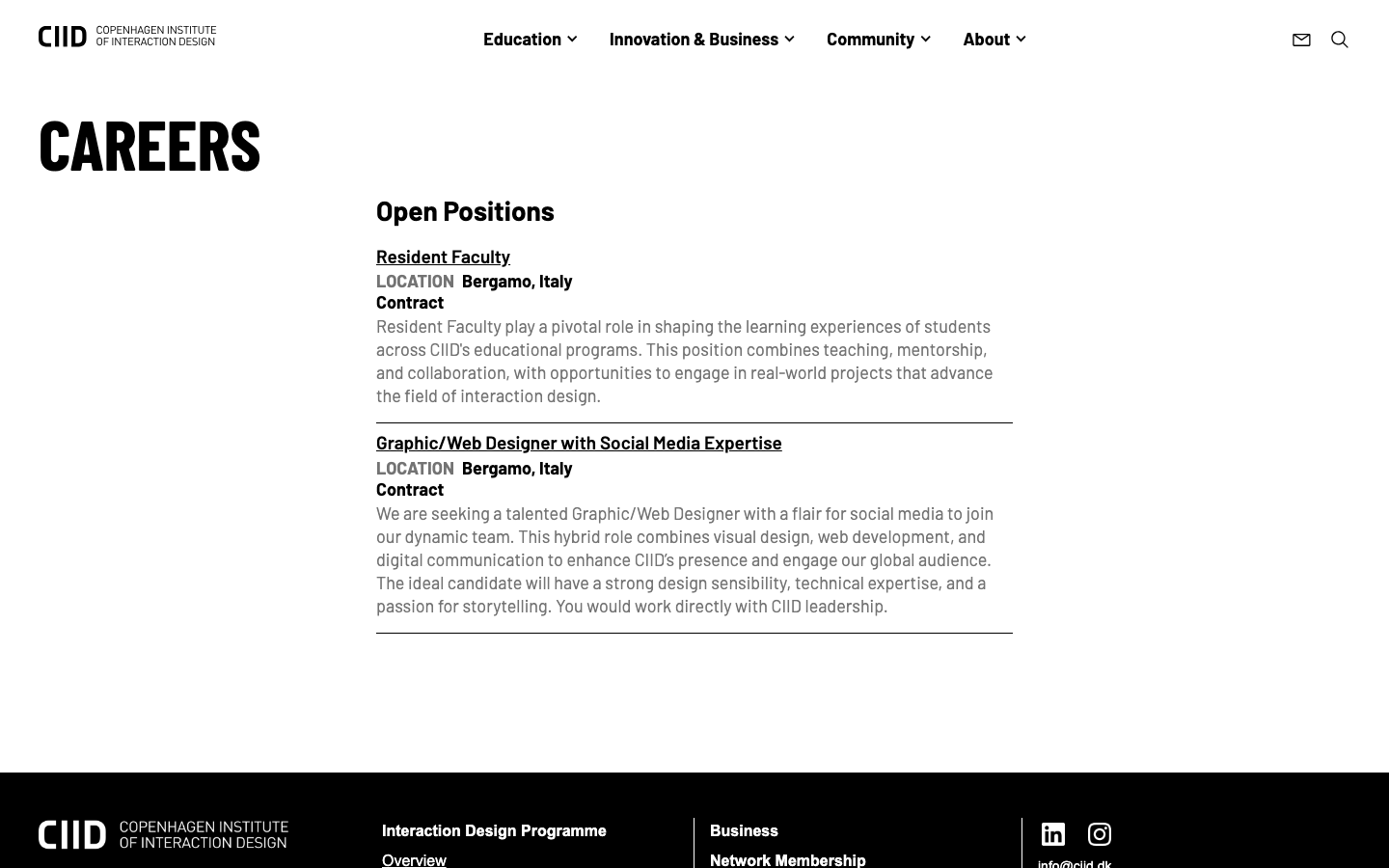 The page uses a split-studio layout with a strong visual focus on the hero image of people working collaboratively. The typography is clean and modern, with ample white space contributing to a sense of openness and professionalism. · design school hero, collaborative workspace, interaction design, education website, minimalist design, workshop space, ciid website, learning environment, studio space, creative education