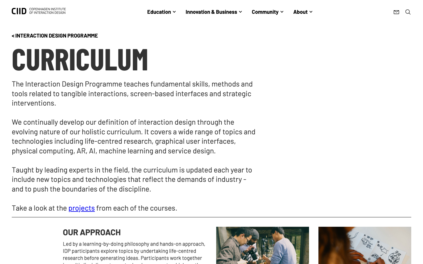 The page uses a split-studio layout with a strong visual focus on the hero image of people working collaboratively. The typography is clean and modern, with ample white space contributing to a sense of openness and professionalism. · design school hero, collaborative workspace, interaction design, education website, minimalist design, workshop space, ciid website, learning environment, studio space, creative education