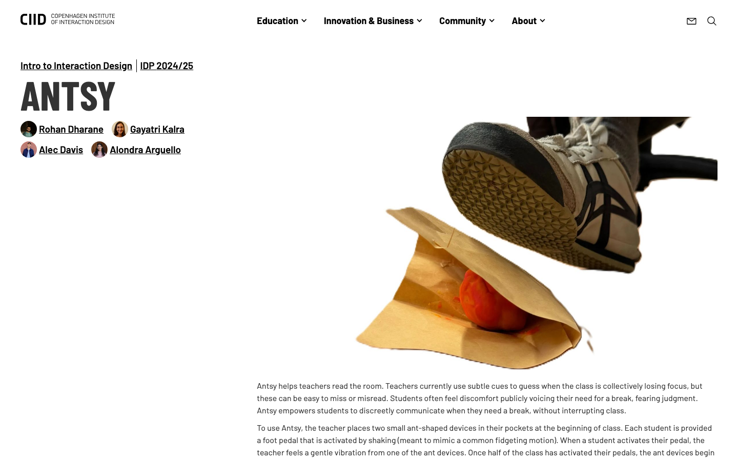 The page uses a split-studio layout with a strong visual focus on the hero image of people working collaboratively. The typography is clean and modern, with ample white space contributing to a sense of openness and professionalism. · design school hero, collaborative workspace, interaction design, education website, minimalist design, workshop space, ciid website, learning environment, studio space, creative education