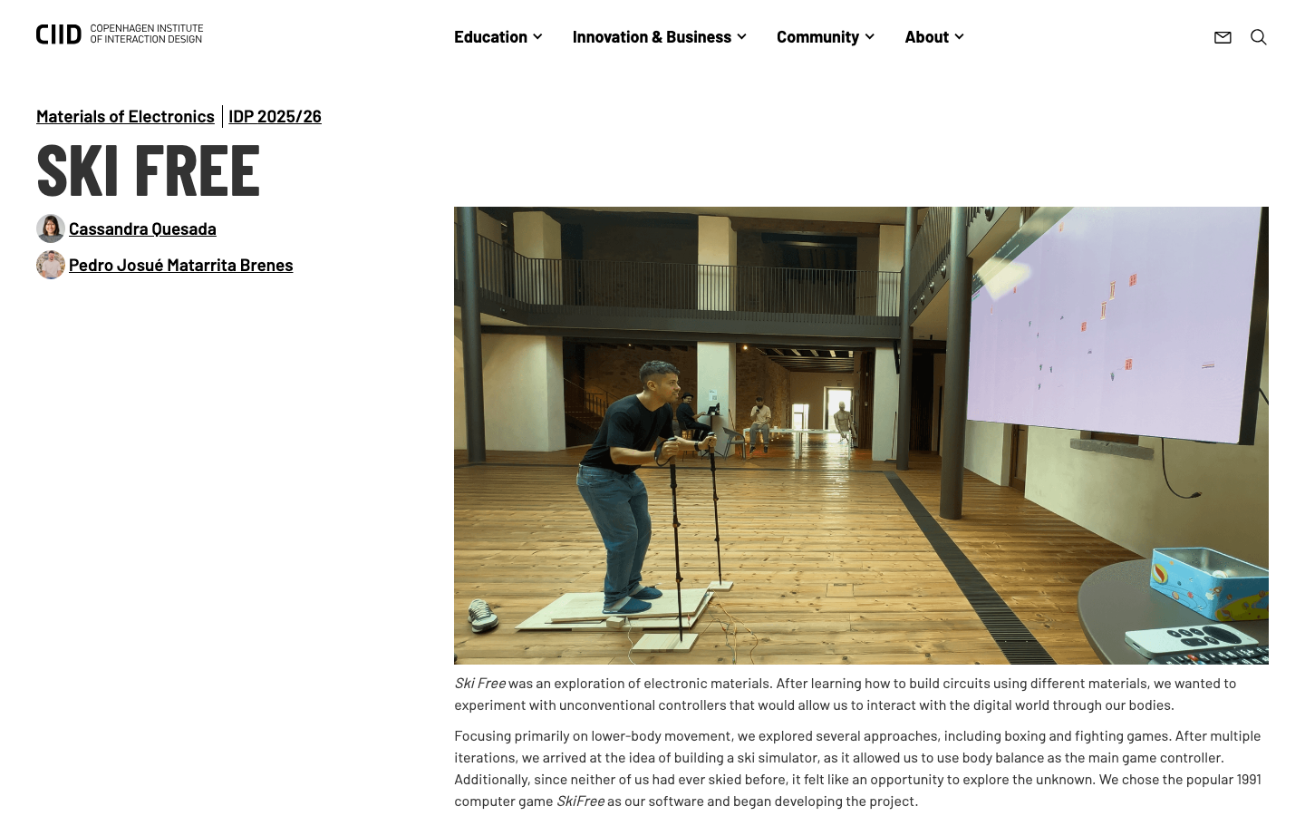 The page uses a split-studio layout with a strong visual focus on the hero image of people working collaboratively. The typography is clean and modern, with ample white space contributing to a sense of openness and professionalism. · design school hero, collaborative workspace, interaction design, education website, minimalist design, workshop space, ciid website, learning environment, studio space, creative education