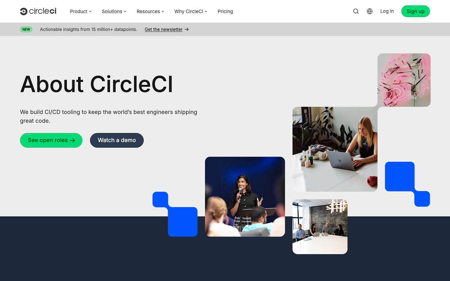 The page uses a dark, high-contrast palette with bold typography and a clear hierarchy. The layout is structured around a prominent hero section and a series of feature blocks, presenting information in a modular, organized way. · ai developer tools, saas landing page, dark ui, code automation, developer platform, circleci features, ai testing, technical design, minimalist saas