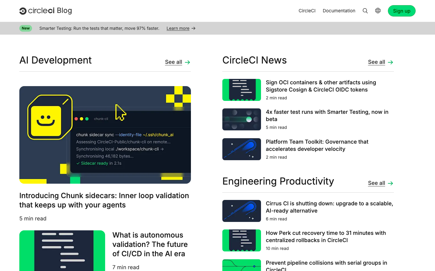 The page uses a dark, high-contrast palette with bold typography and a clear hierarchy. The layout is structured around a prominent hero section and a series of feature blocks, presenting information in a modular, organized way. · ai developer tools, saas landing page, dark ui, code automation, developer platform, circleci features, ai testing, technical design, minimalist saas