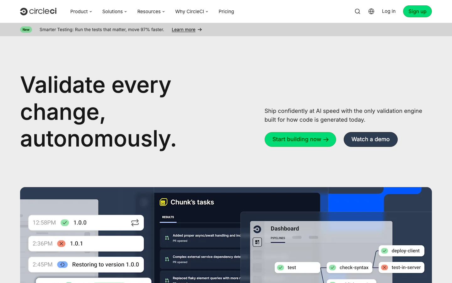 The page uses a dark, high-contrast palette with bold typography and a clear hierarchy. The layout is structured around a prominent hero section and a series of feature blocks, presenting information in a modular, organized way. · ai developer tools, saas landing page, dark ui, code automation, developer platform, circleci features, ai testing, technical design, minimalist saas