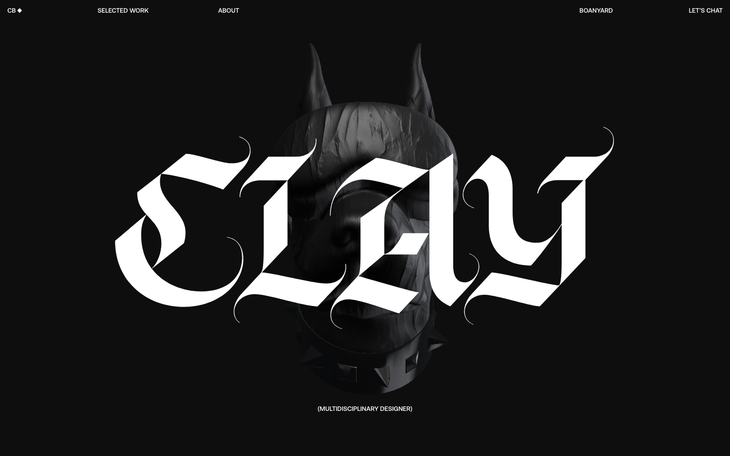 Selected works by Multidisciplinary Designer, Clay Boan (2025) · dark-mode, monochrome, brutalism, portfolio, creator, hero-fullbleed, logo-cloud
