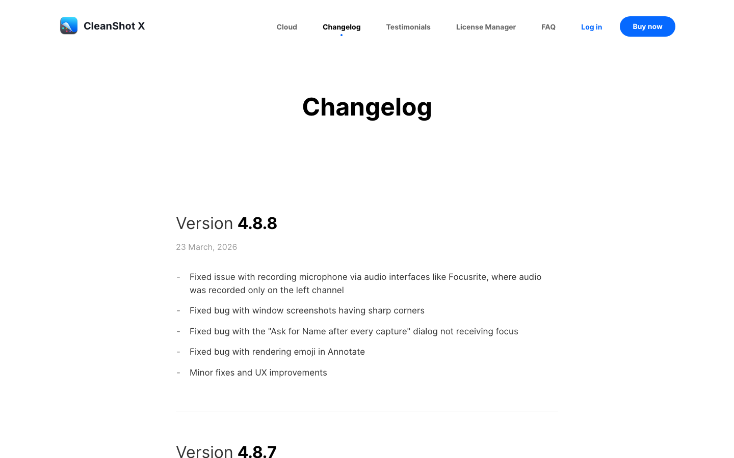 The page uses a clean, functional layout with a prominent hero showcasing the software in action. The color palette is restrained, emphasizing clarity and ease of use. Typography is straightforward and legible, prioritizing information delivery. · screenshot tool, mac screenshot, developer tools, productivity app, clean design, minimalist saas, screen capture, macos utility, tech website