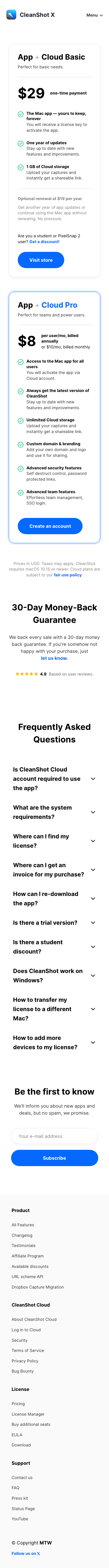 Cleanshot — Pricing - mobile full page