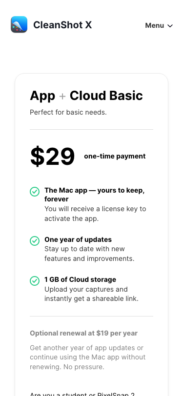 Cleanshot — Pricing - mobile