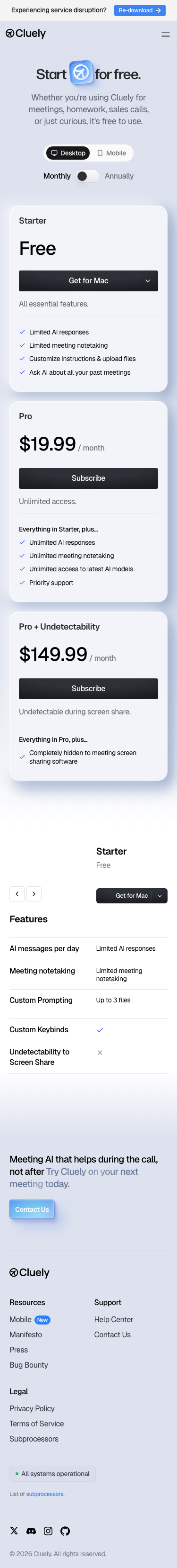 Cluely — Pricing - mobile full page