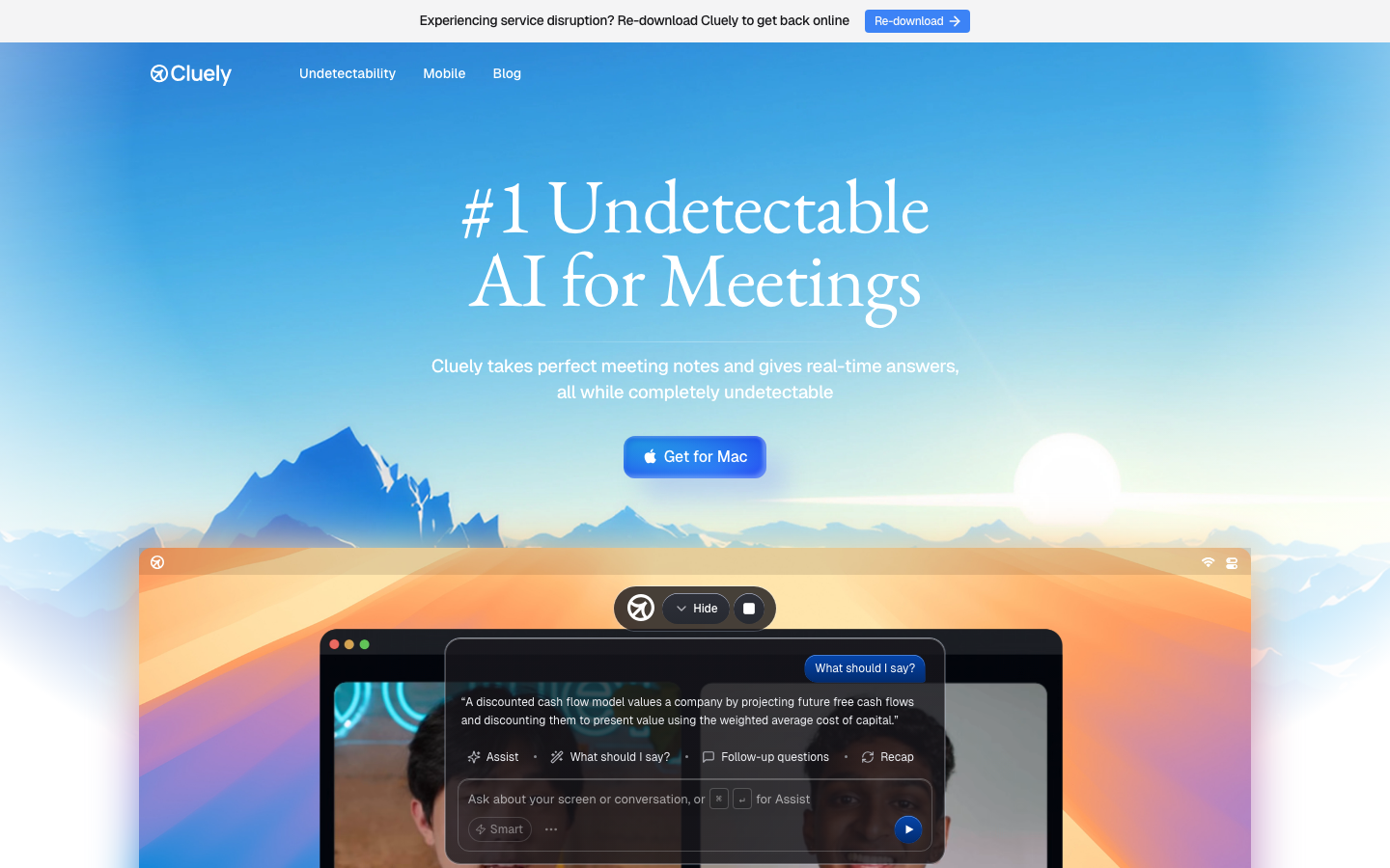 The page uses a full-screen image with bold, sans-serif typography overlaid, creating a strong visual impact. The limited color palette and stark contrast contribute to a sense of technological focus. · ai meeting notes, ai assistant, meeting notes app, ai productivity, dark mode saas, ai tools, meeting software