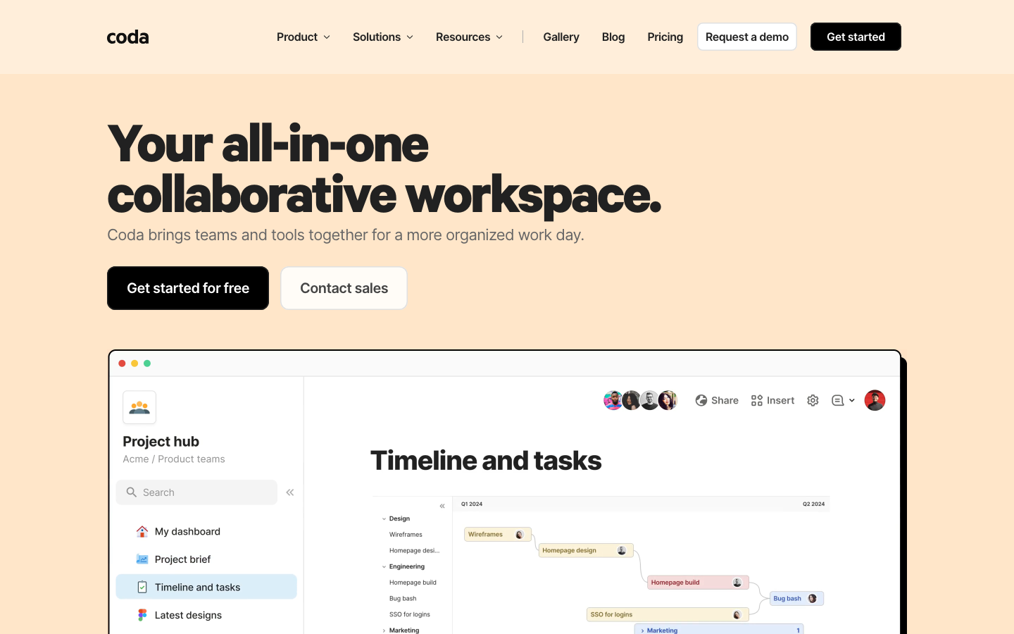 Coda - The layout prioritizes a clean, functional presentation of the product's features. A prominent hero section introduces the core value proposition, followed by a visually organized section showcasing key functionalities through concise blocks. The overall aesthetic is straightforward and efficient.  ·  saas landing page, collaboration workspace, project management tools, timeline feature, minimalist design, technical ui, productivity software, workflow management