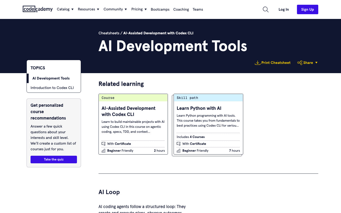The page uses a clean, spacious layout with a strong emphasis on typography and a limited color palette. The hero section is direct and functional, immediately presenting the core value proposition. The overall feel is efficient and approachable. · coding education, online learning, developer platform, tech training, career development, programming courses, codecademy, team learning
