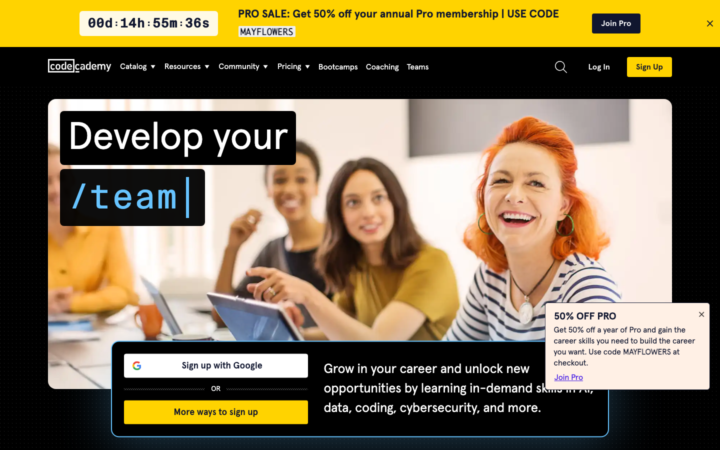 The page uses a clean, spacious layout with a strong emphasis on typography and a limited color palette. The hero section is direct and functional, immediately presenting the core value proposition. The overall feel is efficient and approachable. · coding education, online learning, developer platform, tech training, career development, programming courses, codecademy, team learning