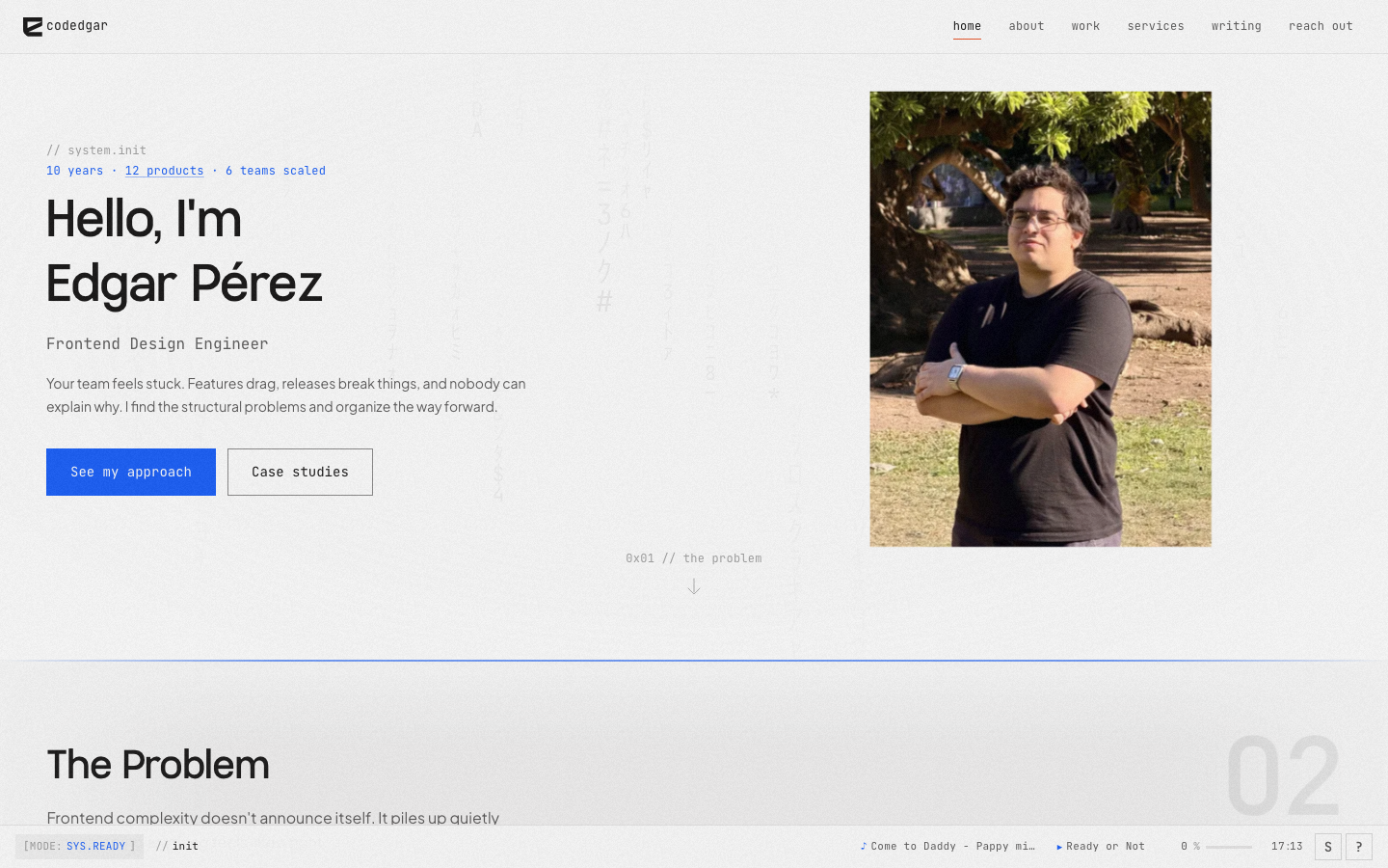 Frontend Design Engineer with 10+ years building systems that scale. I help teams ship faster through architecture, design tokens, and clean code. · minimalism, editorial, swiss, portfolio, developer-tools, creator, hero-with-cta, sticky-nav, case-study-card