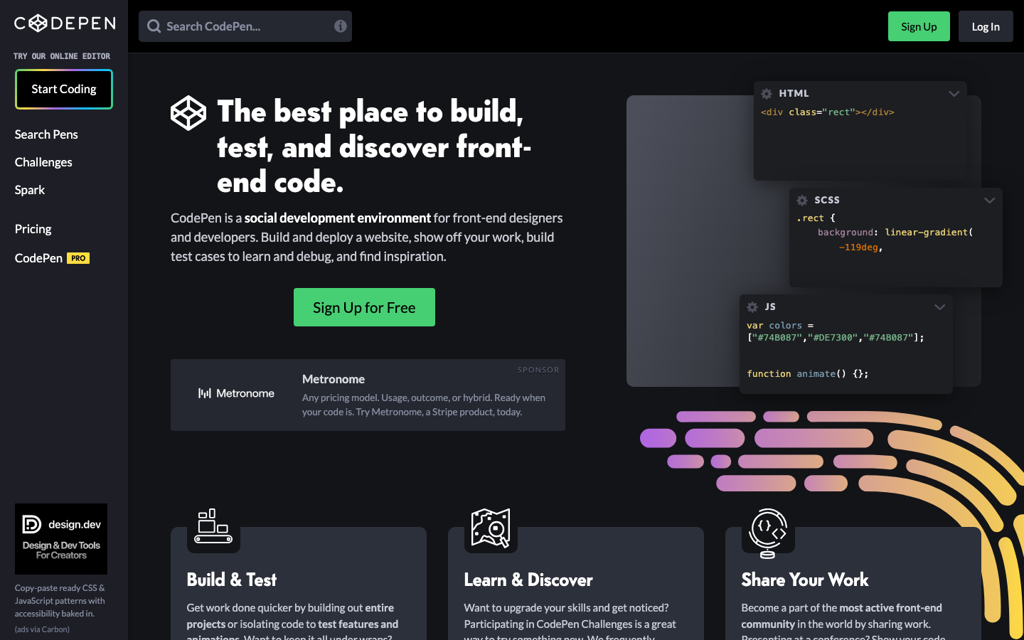 The design prioritizes functionality and a clean, code-centric aesthetic. The layout uses a prominent left sidebar for navigation and a central area for content, reflecting a developer-focused tool. · code pen, developer tools, front end, coding platform, dark ui, code editor, web development, technical design, minimalist interface, codepen homepage