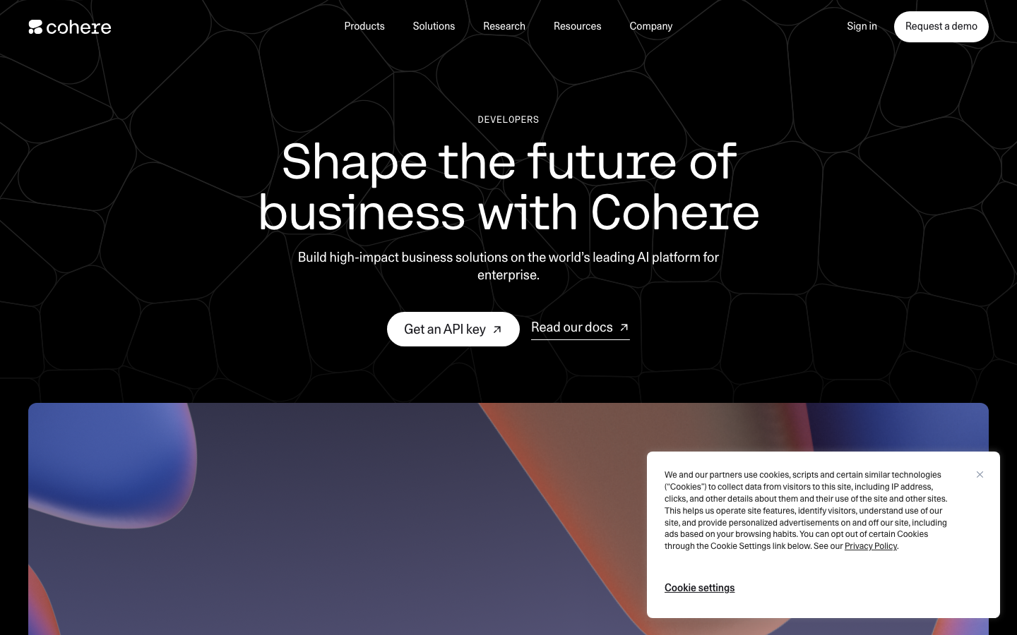 Cohere — Features - The page prioritizes clarity and functionality with a stark, dark aesthetic. Typography is clean and assertive, emphasizing the brand name and core offering. Visual density is low, focusing attention on the central message.  ·  ai platform, machine learning, dark saas, developer ai, ai tools, technical website, minimal ai, ai solutions