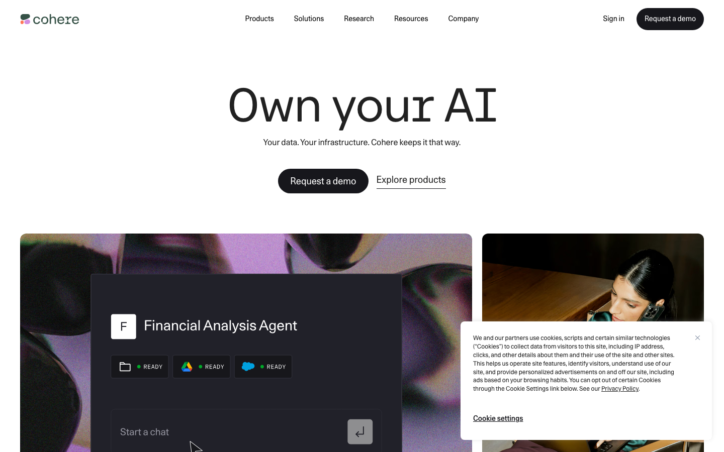Cohere - The page prioritizes clarity and functionality with a stark, dark aesthetic. Typography is clean and assertive, emphasizing the brand name and core offering. Visual density is low, focusing attention on the central message.  ·  ai platform, machine learning, dark saas, developer ai, ai tools, technical website, minimal ai, ai solutions