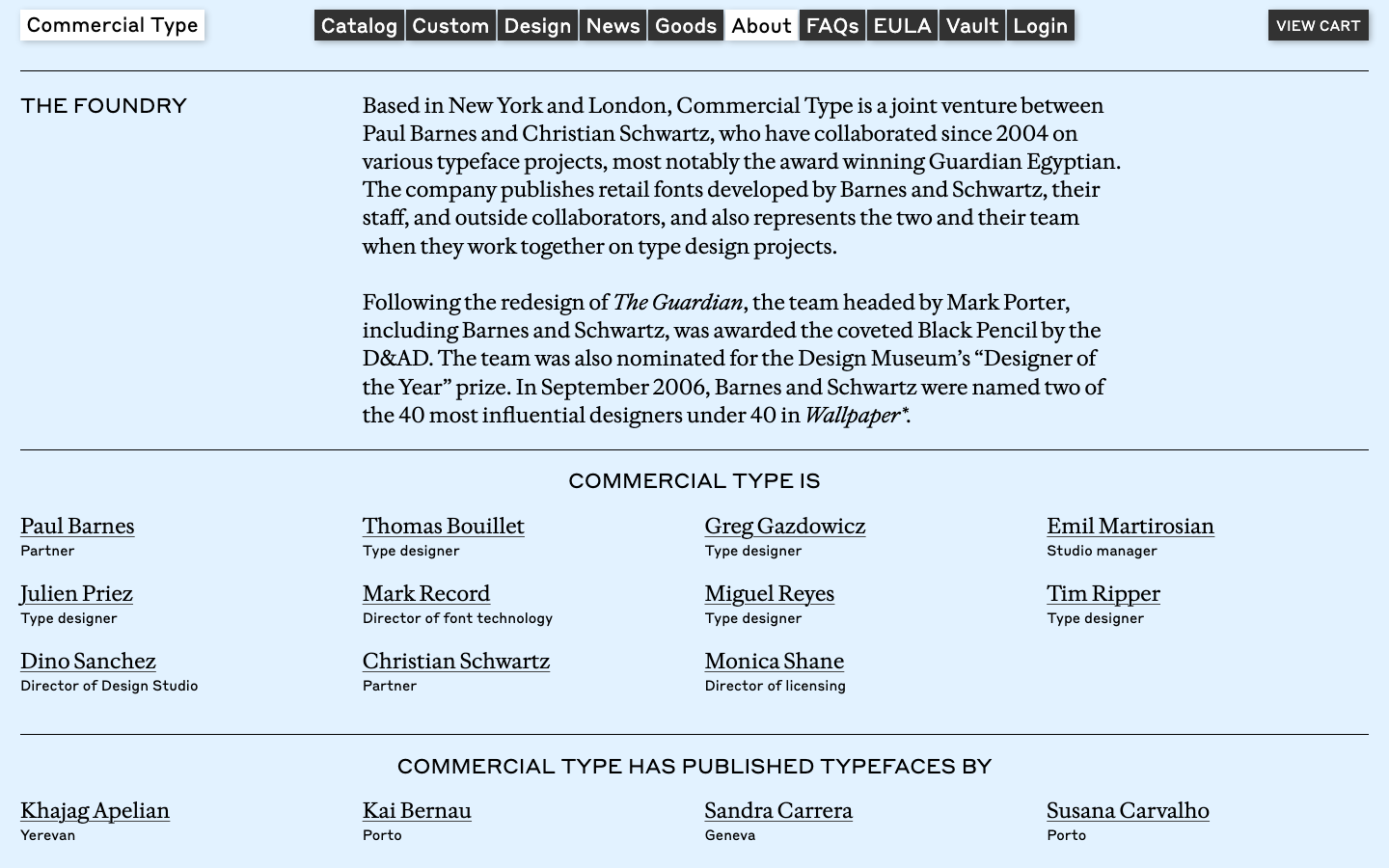 The page prioritizes showcasing the typeface itself. Layout is clean and spacious, emphasizing the visual weight of the displayed fonts through ample negative space and a restrained color palette. Typography is the central focus. · font showcase, type foundry, commercial type, typography design, font samples, typeface display, minimalist typography, editorial design, font catalog