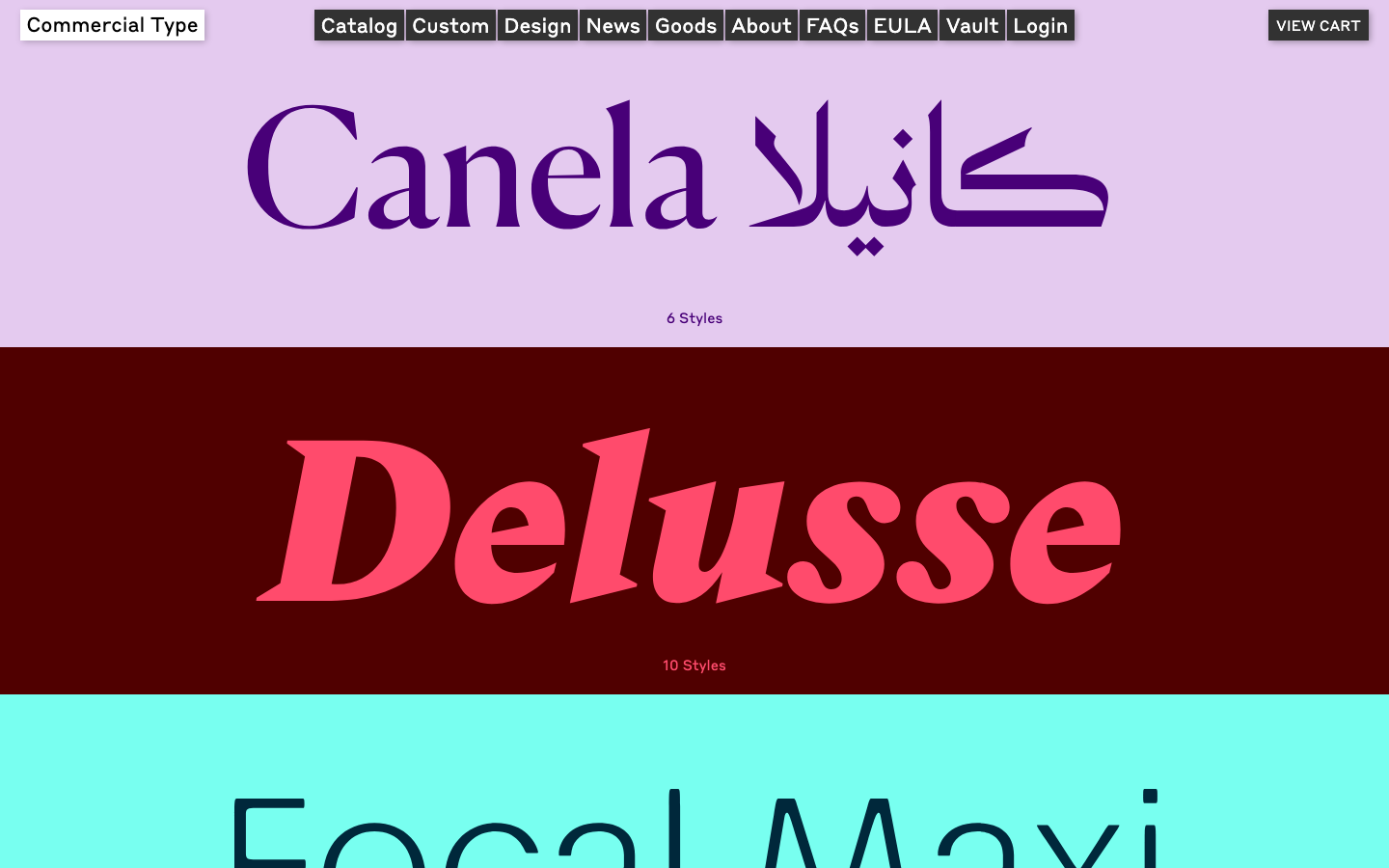 The page prioritizes showcasing the typeface itself. Layout is clean and spacious, emphasizing the visual weight of the displayed fonts through ample negative space and a restrained color palette. Typography is the central focus. · font showcase, type foundry, commercial type, typography design, font samples, typeface display, minimalist typography, editorial design, font catalog