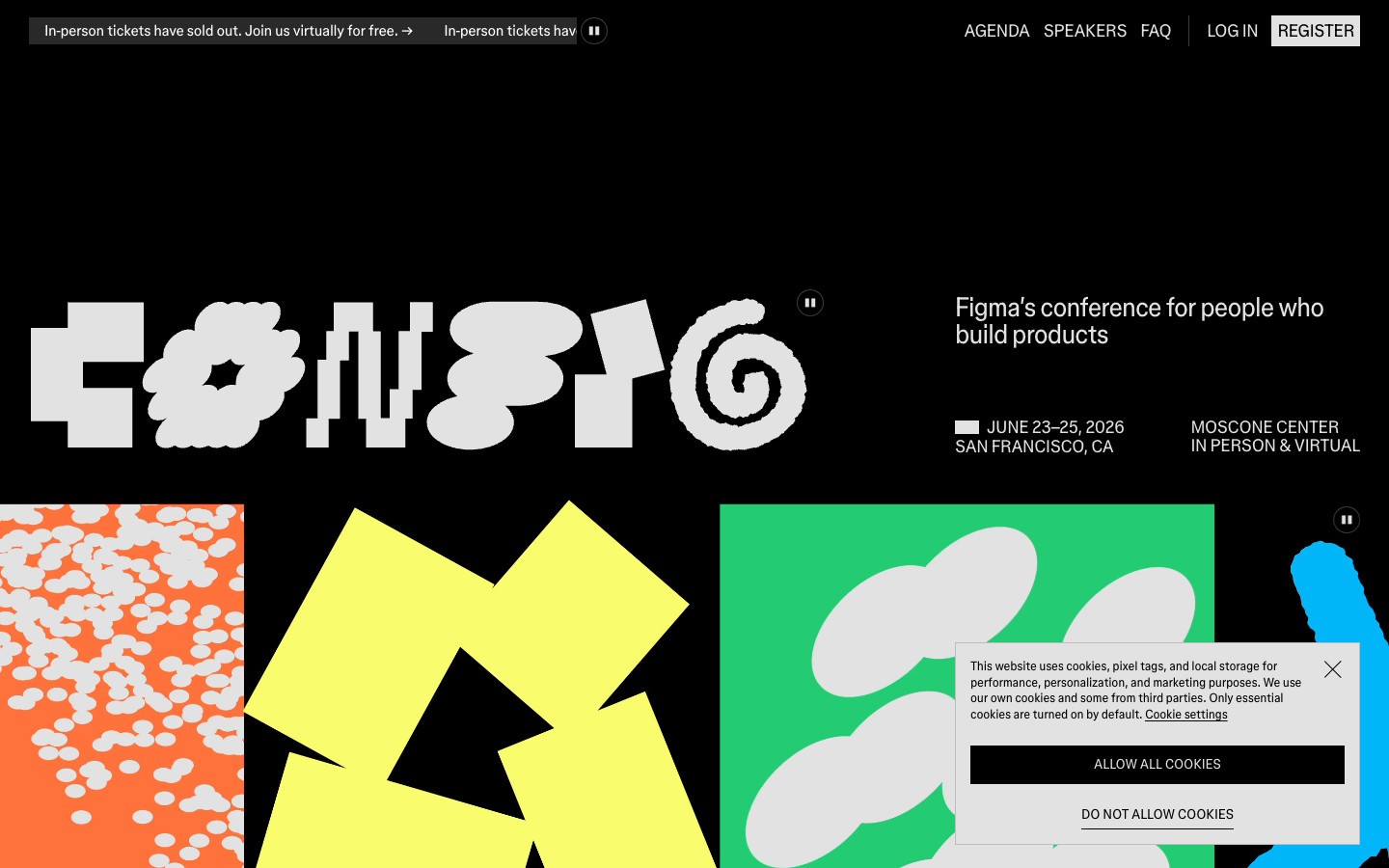 The layout is a stark arrangement of geometric shapes and text, prioritizing visual hierarchy and a sense of structured information. Typography is dominant, with large-scale display fonts and a clear grid system. · design conference, figma event, developer tools, minimalist design, geometric shapes, dark website, typography focused, conference website