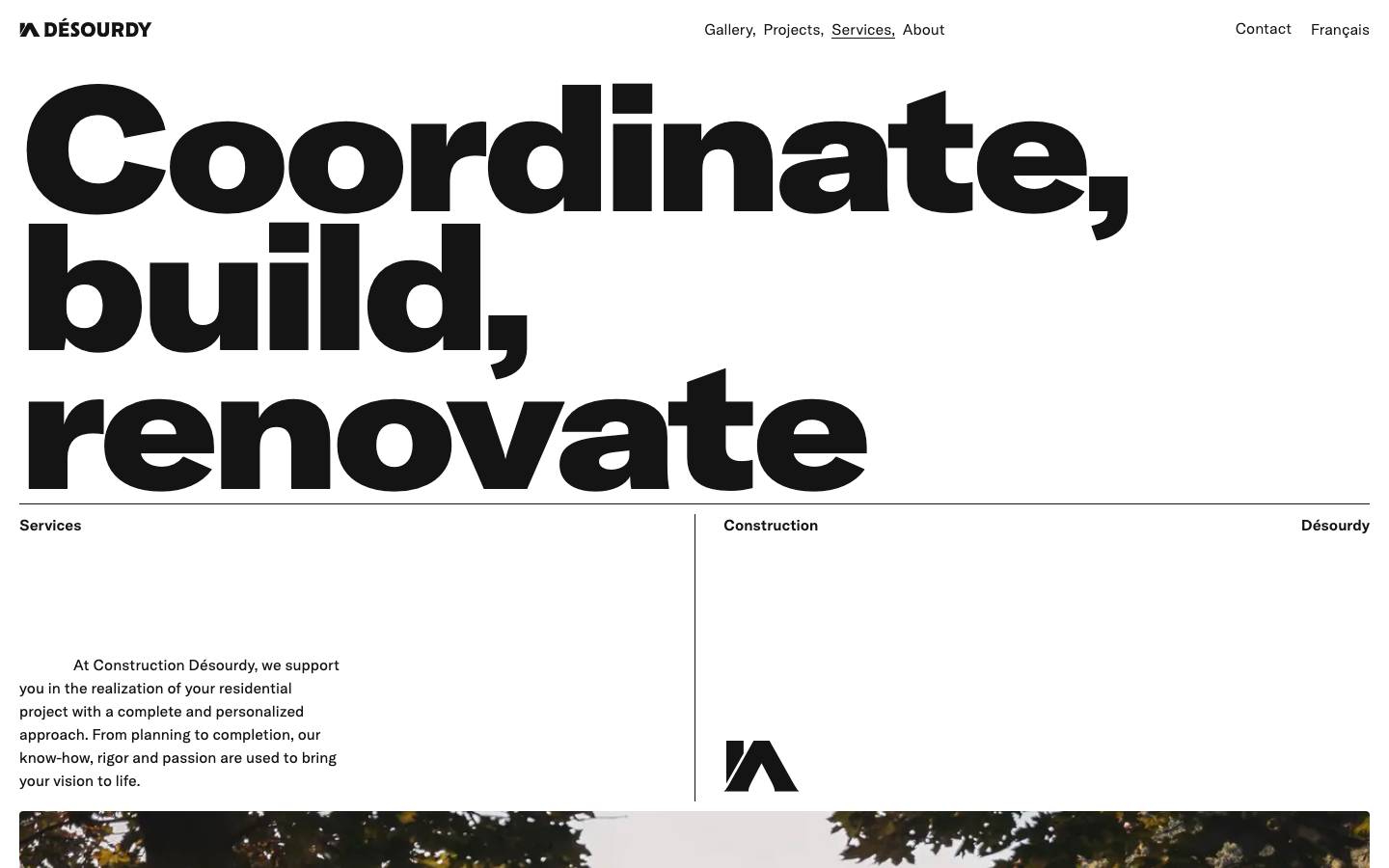High-contrast Swiss design utilizing massive, tight-kerning sans-serif typography. The layout employs a strict grid with hairline dividers and a balanced split between descriptive text and brand iconography. · swiss architecture site, minimalist construction portfolio, bold typography hero, monochrome grid layout, editorial architecture web design