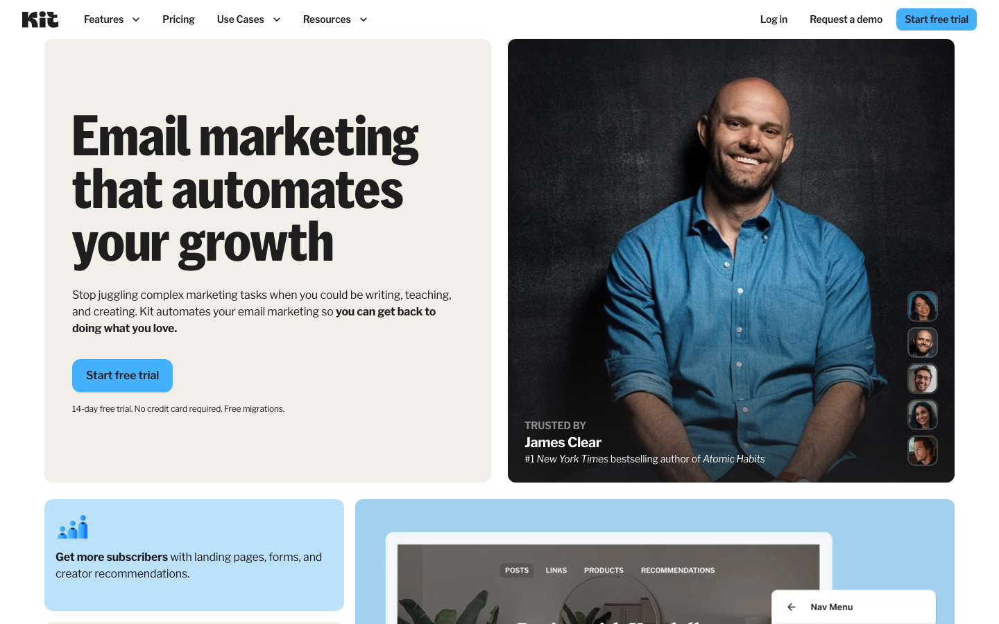 Convertkit - The layout prioritizes clarity and functionality with a clean, grid-based structure. The use of ample white space and a limited color palette creates a sense of calm professionalism, emphasizing the product's utility.  ·  email marketing, saas landing page, marketing automation, conversion kit, minimalist design, developer tools, marketing platform