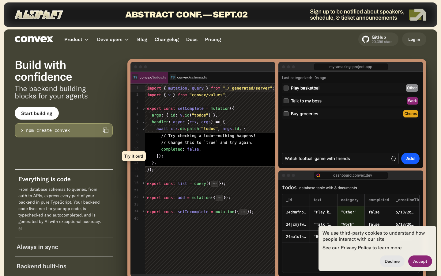 Convex - The page prioritizes code examples and documentation, using a dark color palette and clear typography to create a functional and straightforward experience. Visual hierarchy is established through code blocks and concise text.  ·  dark saas, developer tools, code documentation, technical website, ai platform, minimalist design, typescript, javascript, saas platform