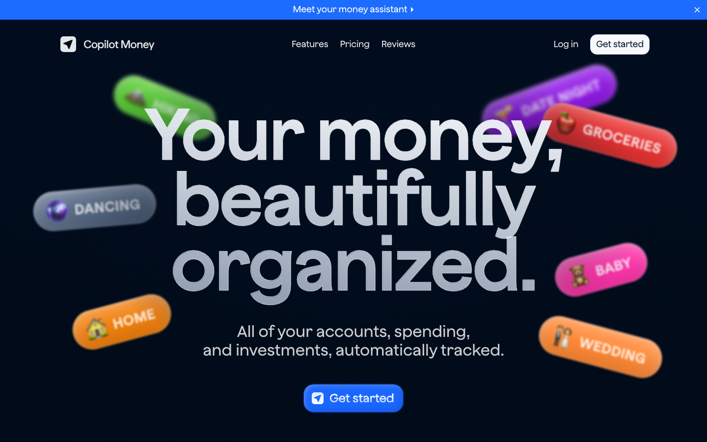 The design uses a playful arrangement of rounded, colorful shapes to frame the central headline. The color palette is cool and muted, creating a sense of calm and organization. Typography is clean and modern, prioritizing readability. · fintech landing page, money management design, colorful ui, geometric shapes, modern finance, minimalist design, pastel colors