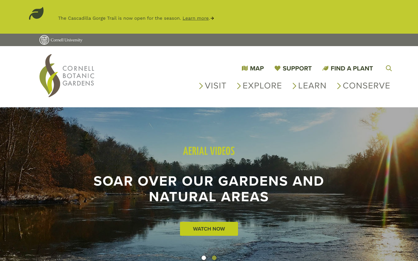 Cornellbotanicgardens - The hero image establishes a sense of place with a wide, calming view. Clean typography and ample white space create a feeling of openness and accessibility. The overall impression is one of quiet authority and natural beauty.  ·  botanic gardens, nature website, environmental education, gardens website, nonprofit design, aerial photography, cornell university, natural areas, conservation, green space