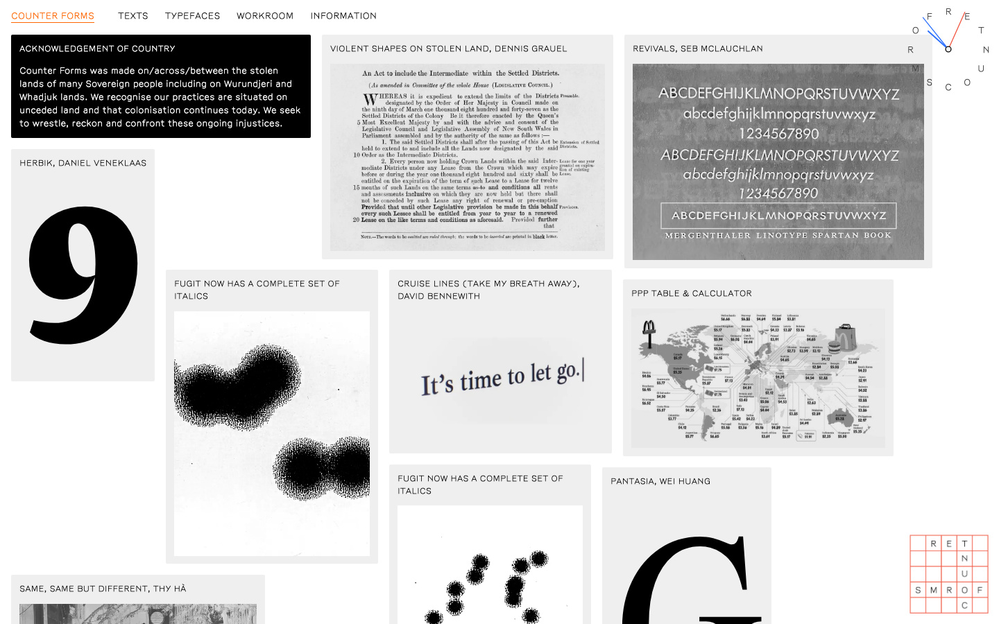Counter Forms is a new typographic venture that seeks to champion young, discursive, Antipodean type designers. · minimalism, editorial, swiss, agency, developer-tools, creator, bento-grid, feature-trio, hero-fullbleed