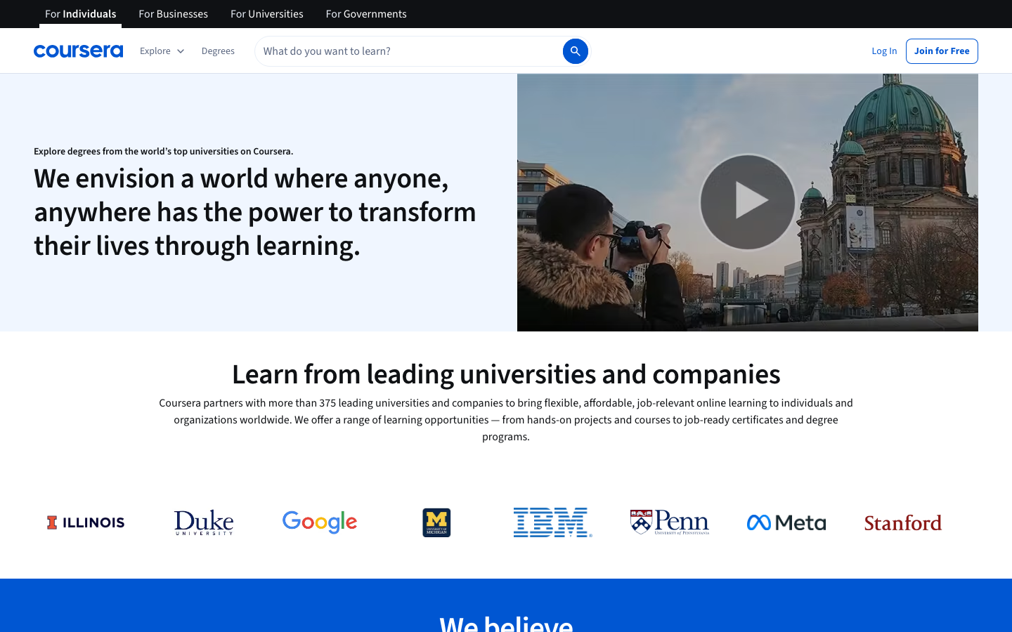 The page uses a clean, grid-based layout with a focus on clear hierarchy. Typography is straightforward and functional, prioritizing readability and a sense of organized information. The color palette is restrained, relying on blues, whites, and accents of orange for calls to action. · online learning, education platform, course catalog, ai courses, developer courses, professional development, tech education, learning platform, coursera, digital skills