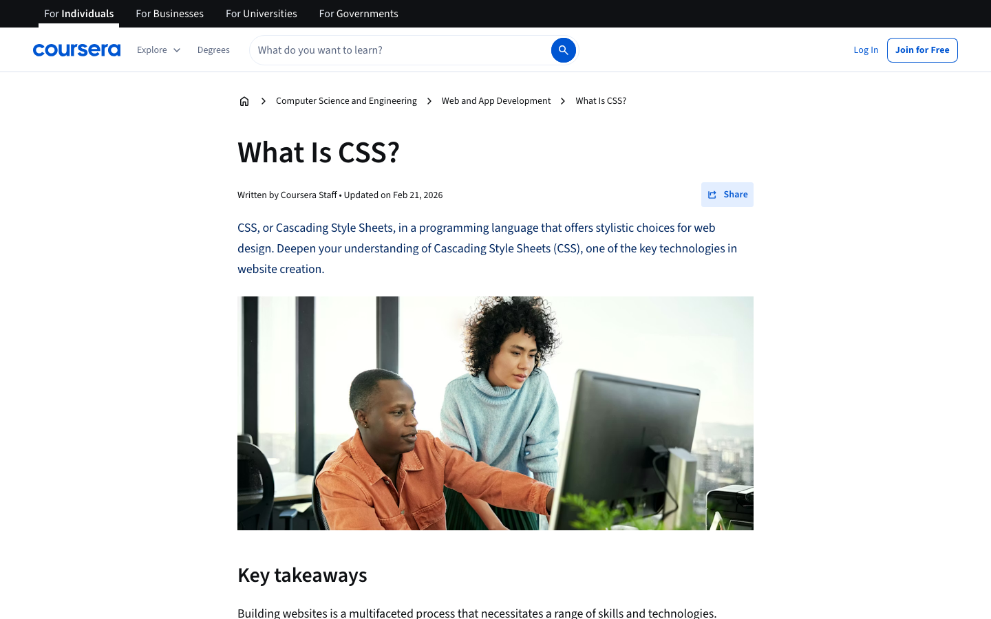 The page uses a clean, grid-based layout with a focus on clear hierarchy. Typography is straightforward and functional, prioritizing readability and a sense of organized information. The color palette is restrained, relying on blues, whites, and accents of orange for calls to action. · online learning, education platform, course catalog, ai courses, developer courses, professional development, tech education, learning platform, coursera, digital skills